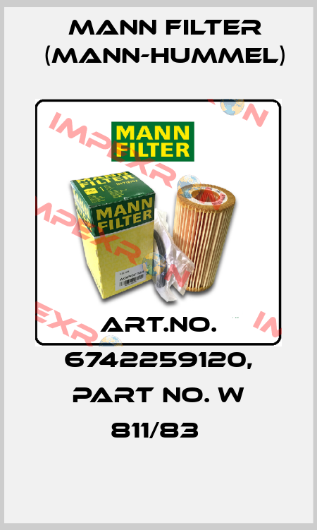 Art.No. 6742259120, Part No. W 811/83  Mann Filter (Mann-Hummel)