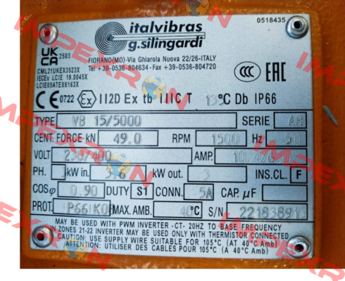 VB 15/5000, 230/400 V, 50 Hz, 1500 1/min Italvibras