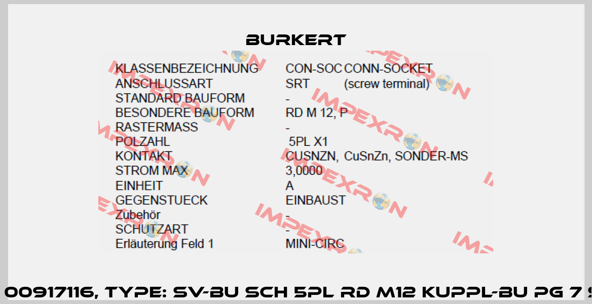 P/N: 00917116, Type: SV-BU SCH 5PL RD M12 KUPPL-BU PG 7 S713 Burkert