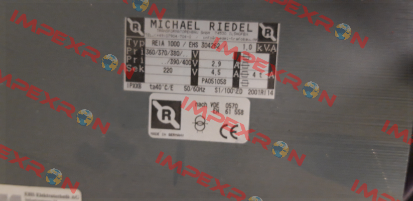 P/N: 0053/00000196 Type: REIA1000 1000VA IP00 Michael Riedel Transformatorenbau